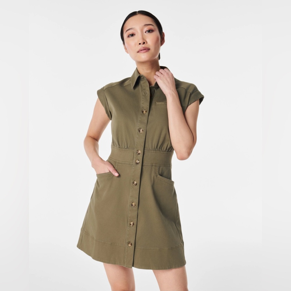 Spanx Twill Utility Dress Women's Large Button Closure Front Pocket Tuscan Olive